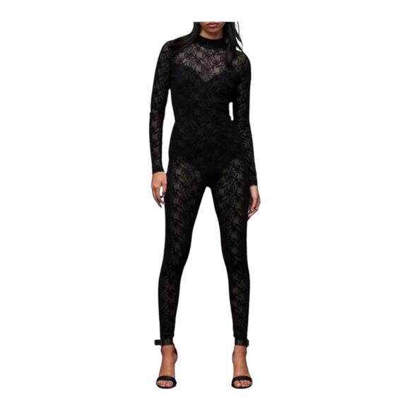 All Saints Jumpsuit flocked catsuit long sleeve black size 10 - Picture 1 of 7
